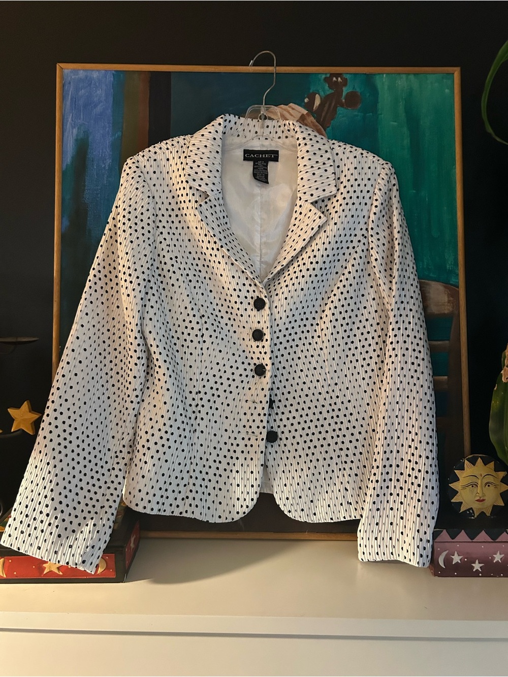 Vintage Cachet Polka Dot Crinkle Blazer White Black Textured Jacket Size 12